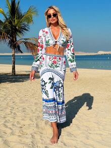 Swim Chiccia 2026 New Women's Summer Beach Vacation Elegant Long Sleeve T-Shirt With Drawstring Ruched Floral Print Skirt Loose Coverup 2-Piece Set - Multicolor - View 8