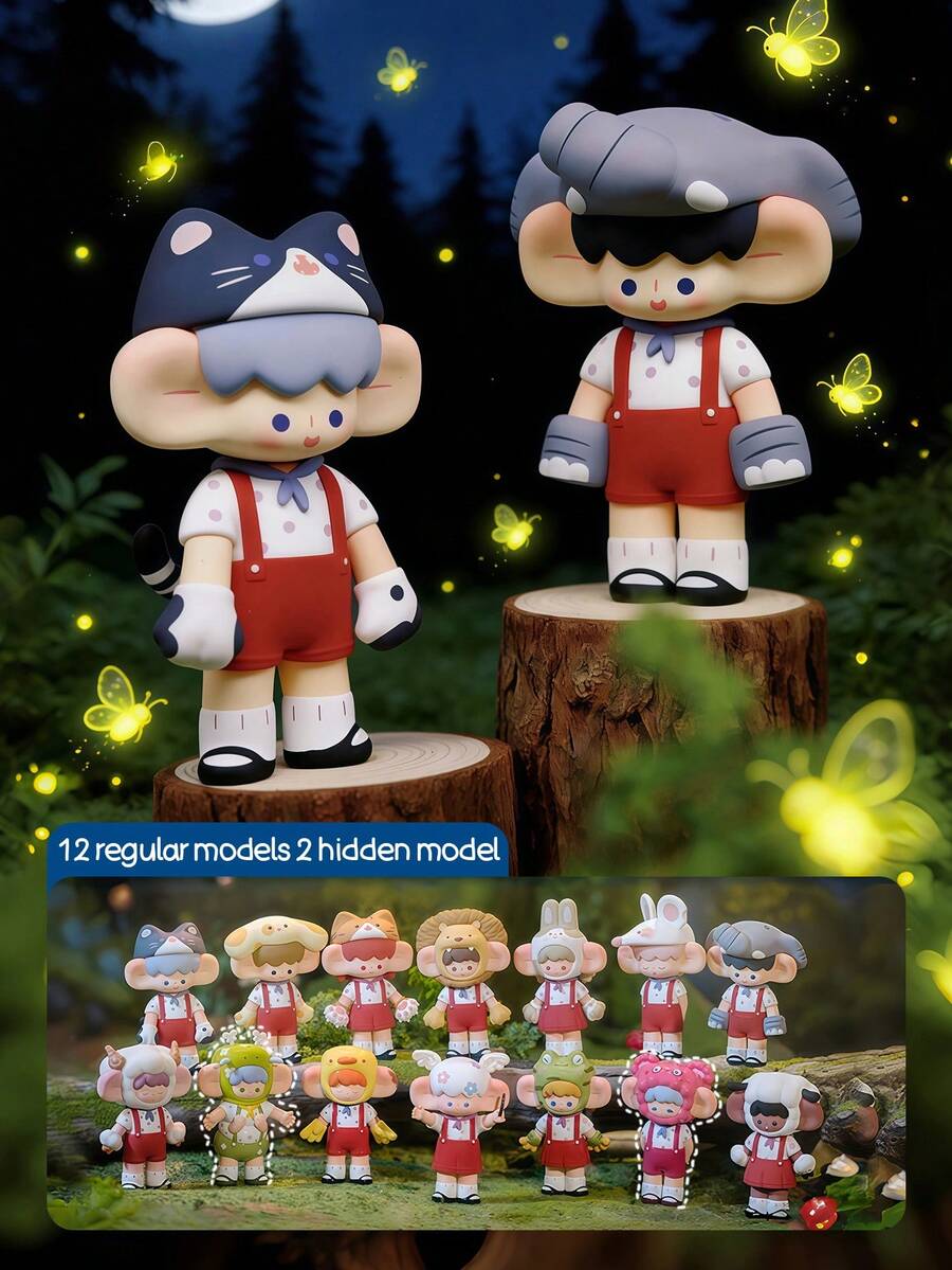 POKOJA LAND Boîte surprise (sans rembourrage en peluche), convient comme cadeau de fête pour les amis, boîte surprise de figurines d'animaux en costume de lucioles de la forêt nocturne - 14 modèles au total (12 réguliers + 2 cachés), jouets de collection en ABS avec accessoires de coiffure et de salopette pour animaux, cadeau réfléchi pour les amis et la famille, décoration unique pour les étagères/bureaux, ensemble de personnages thématiques de la forêt nocturne enchantée pour les collectionneurs de figurines