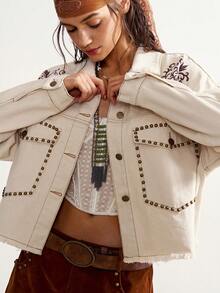 Bohemela 女士印花牛仔外套，新款休闲短款外套，适合娇小身材，百搭夏季女装，适合嘉年华、海滩度假、夏季休闲穿着，也可搭配休闲衬衫。 - 白色 - 查看 2