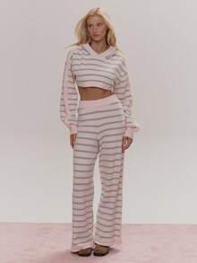 MUSERA Pantalón de pierna ancha con detalle de panel trasero de rayas tejidas, conjunto de Bottom, lindo, femenino, sexy, para salir, diario, primavera, invierno - Multicolor - Ver 1