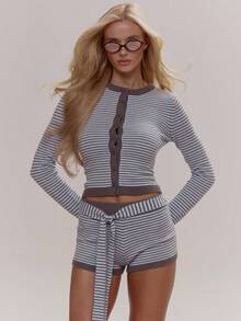 MUSERA Stripe Contrast Colour Hem Crewneck Knit Fitted Cardigan Coord Top Only Cute Girly Sexy Spring Winter Going Out Daily Easter Sugar Swizzle - Multicolor - View 1