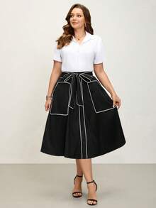 Comfylo 大码女式撞色滚边系带腰带口袋休闲半身裙 - 黑色 - 查看 9