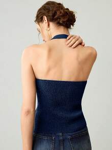 Uhlyne Uhlyne Camisolas de mujer de verano con cuello de halter, de costilla, con hebilla metálica, tops de mujer con cuello de halter, tops de mujer con cuello de halter, blusas azul marino para mujer, blusas con cadena para mujer, blusas de mujer, blusas informales para mujer, blusas de verano para mujer - azul real - Ver 2