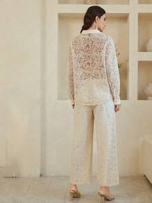 Dazy-Less 春夏优雅蕾丝两件套，休闲衬衫上衣搭配直筒裤，通勤装，复古富贵风 - 米色 - 查看 6