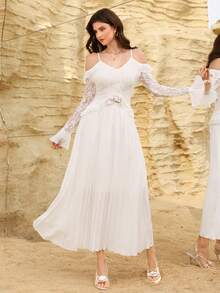 Modelyn Women's V-Neck Ruffle Trim Waist Lace Fabric Elegant Blouse + Pleated Skirt, Spring/Summer - White - View 4