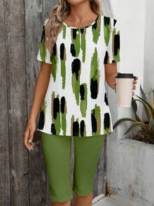 EMERY ROSE 2pcs/Set Women Casual Minimalist Abstract Pattern Outfit, Suitable For Summer - Multicolor - View 4