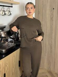 Bethéva 2 件套女士纯色圆领落肩长袖休闲针织纹理套装 - 棕色 - 查看 5