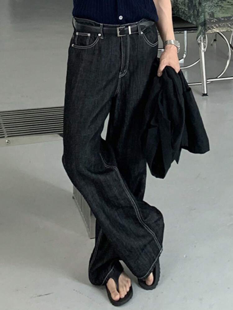 Men's Solid Color Washed Distressed Black Denim Jeans, Spring