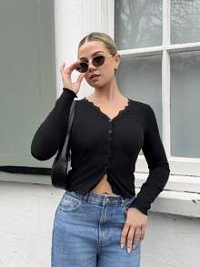 Bethéva Women's Lace Frill Trim Fitted Cardigan Long Sleeve Top - Black - View 5