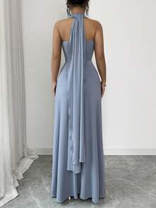 Rafferiza 女士新款优雅浪漫浅蓝色针织披肩连衣裙 - 可调节腰带，收腰飘逸长款连衣裙 - 灰藍色 - 查看 2