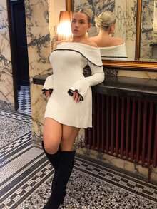 Bethéva Elegant & Sexy White Contrast Lace Patchwork Off Shoulder Flare Sleeve Waist Cinched A-Line Mini Sweater Dress, For Autumn & Winter, Fall And Winter, Elegant, Blackand, White, Longsleeve - White - View 4