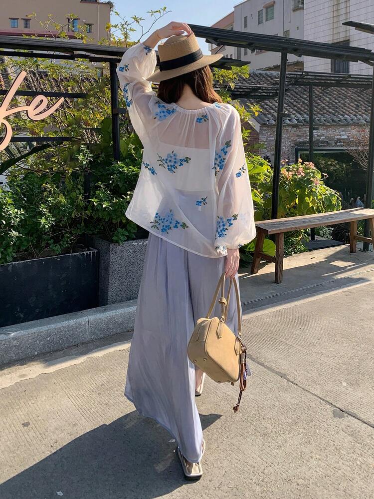 Women's Linen Ditsy Floral Shirt Top And Loose Fit Pants 2-Piece Set, Korean Style