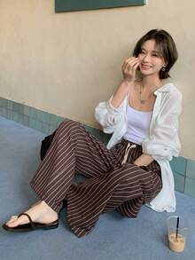 DAZY Women's New Loose Drawstring Striped Wide Leg Casual Pants - Coffee Brown - View 5