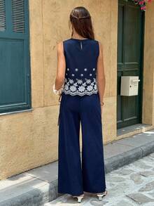 Serisse Women's Floral Embroidery Sleeveless Top And Wide Leg Pants Casual 2 Pieces Set - Navy Blue - View 2