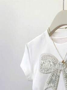 休闲简约仿珍珠蝴蝶结装饰短袖圆领露脐T恤，适合青少年女孩夏季穿着，美式学院风，白色修身款，日常百搭。 - 彩色 - 查看 4