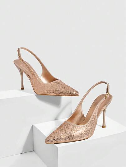 CUCCOO SZL Women Shoes Fashion Pointed Stiletto Champagne Full Diamond Back Lift Sexy Banquet Party Ladies High Heel Back Empty Shoes Women's Shoes