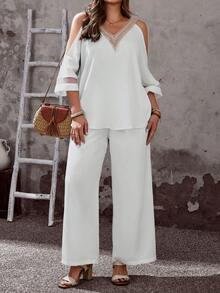 EMERY ROSE 大码女装早春休闲度假蕾丝拼接V领半袖露肩白色衬衫和裤子两件套，带口袋 - 白色 - 查看 2