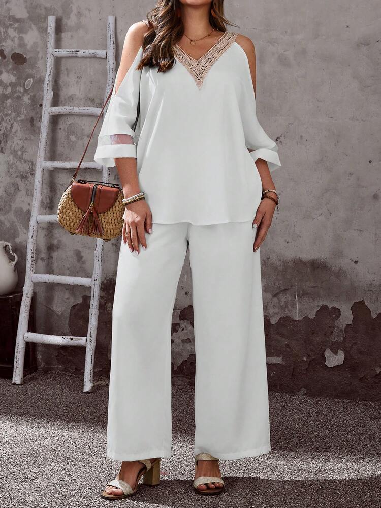 2pc Set Plus Size Women's Summer Casual Vacation Country Lace Patchwork V-Neck Half Sleeve Off-Shoulder White Shirt And Pants Two Pieces Set With Pockets,Early Spring,Spring Break Outfits ,Vacation Outfits Women ,Holiday Outfits For Women,Spring Clothes Women,Going Out Outfits,2026 New Clothes,Simple And Fashionable For Everyday Wear,,Two Piece Set Women Comfy,Wide Leg Pants Set, 2 Piece Casual Sets Woman, Comfortable Two Piece Set, Summer Pants Sets For Women, Women Plus Clothing 2 Piece,All White Boho Pant Set