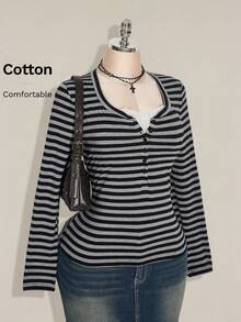 SHEIN ICON Áo thun ôm sát kẻ sọc ren tương phản cỡ lớn dành cho nữ, Thu/Đông - Nhiều màu - Xem 1