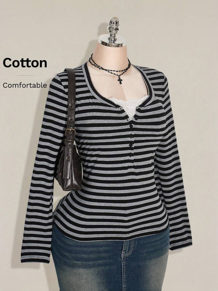 SHEIN ICON Áo thun ôm sát kẻ sọc ren tương phản cỡ lớn dành cho nữ, Thu/Đông - Nhiều màu - Xem 1