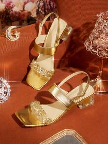 CUCCOO TILAWA 女士华丽水钻方跟高跟凉鞋 - 香檳色 - 查看 1