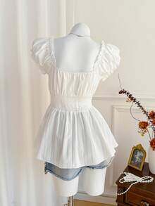 Elamini Áo sơ mi ngắn tay thắt nơ xinh xắn dành cho nữ, áo kiểu chữ A bằng chất liệu cotton nguyên chất. - trắng - Xem 2