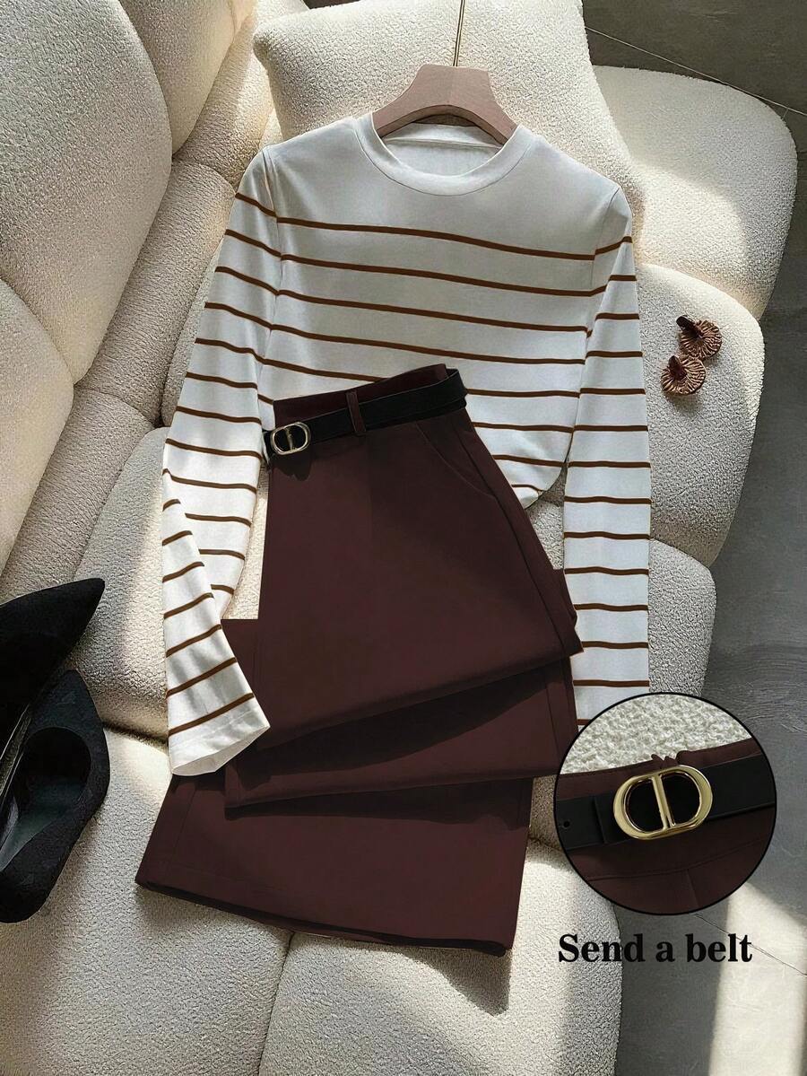 GlowEve 女士通勤优雅条纹长袖T恤和长裤两件套，带口袋和腰带 - 咖啡棕 - 查看 1