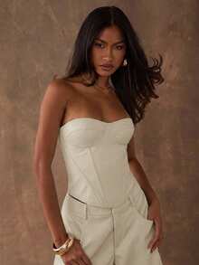 SHEIN BAE Áo quây nữ màu trơn dáng rộng, phối họa tiết xương cá, thích hợp mặc mùa hè. - Màu be - Xem 4