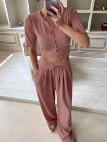 DAZY Bộ đồ mặc nhà mùa hè thoải mái gồm áo khoác và quần màu hồng nhạt cho nữ, gồm 2 món: áo khoác và quần, thích hợp mặc ở nhà. - Hồng - Xem 6