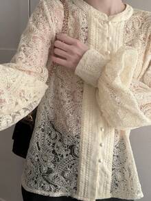 DAZY Women's Elegant Lace Patchwork Round Neck Lantern Sleeve Blouse, Spring/Summer - Apricot - View 7