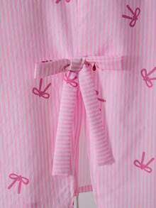 SHEIN 女童蝴蝶结条纹印花套装（2件套），包括T恤和短裤，适合通勤和日常穿着。 - 粉色 - 查看 6