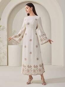 Veilorie 女士花卉刺绣圆领喇叭袖优雅阿拉伯风格连衣裙 - 杏色 - 查看 4