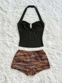 Soleia 春夏新款休闲度假西部海滩婚礼宾客礼服毕业早午餐女装，圣帕特里克节春假复活节音乐节优雅波西米亚热带风情约会外出购物套装，棕色纹理针织两件套 - 黑色 - 查看 5