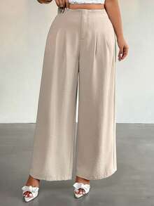 Firerie Plus Size Apricot Woven Fabric Casual Straight Leg Long Pants With Zipper Details - Apricot - View 4