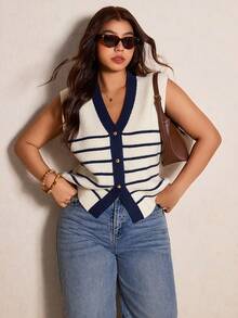 Elaquor Plus Size Casual Leopard Print Knit Vest Cardigan In Fall/Winter - Apricot - View 6