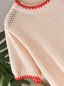 CosyJoli 大码优雅法式休闲镂空撞色春夏针织女式上衣 - 米色 - 查看 4