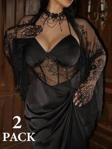 Flirla 大码女式缎面蕾丝拼接镂空A字中长黑色腰连衣裙，优雅复古休闲鸡尾酒会长裙+蕾丝边披肩两件套 - 黑色 - 查看 1