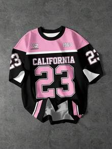 SHEIN EZwear 休闲简约圆领短袖宽松女式T恤，印有数字23图案 - 彩色 - 查看 3