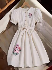 Robe chemise à imprimé floral élégante et décontractée pour préadolescentes, convient pour les fêtes, les sorties et le port quotidien - Nude - Voir 1