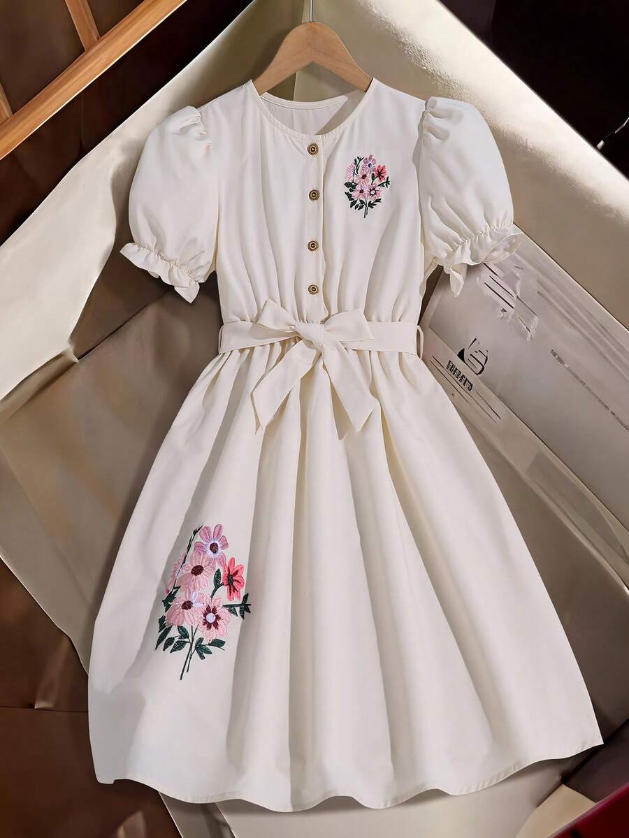 Robe chemise à imprimé floral élégante et décontractée pour préadolescentes, convient pour les fêtes, les sorties et le port quotidien - Nude - Voir 1