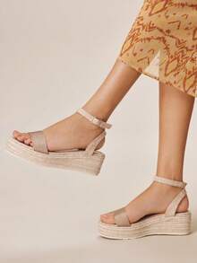 女士厚底坡跟凉鞋，时尚纯色编织休闲厚底坡跟凉鞋，波西米亚复古帆布踝带坡跟凉鞋，西部风格，音乐节派对装扮，度假穿搭，旅行必备 - 香檳色2 - 查看 4