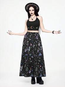 ROMWE Spring/Summerflower Gothic Magical Potion & Butterfly Crystal Print 2 Pieces Set: Camisole + Skirt For Women - Black - View 5
