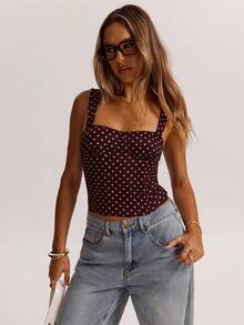 SHEIN BAE 女士约会之夜女友聚会生日派对夜店假日派对优雅波点吊带背心，女友聚会，约会，日常通勤束身衣，可爱性感上衣夜店装，夏季上衣 - 巧克力棕 - 查看 3