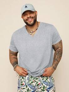 EASEVO 加大码男士休闲修身弹力V领黑色短袖T恤，适合夏季穿着 - 淺灰色 - 查看 4