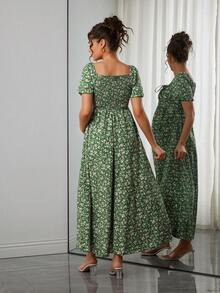 SHEIN Maternity Fashion Print Shirred Dress - Green - View 2