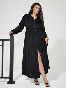 Maija Plus Size Women's Black Long Sleeve Shirt Dress,Autumn Smart Casual Button Up Maxi Dress,Elegant Fashionable Vacation Outfit,Spring Simple Daily Wear - Black - View 7