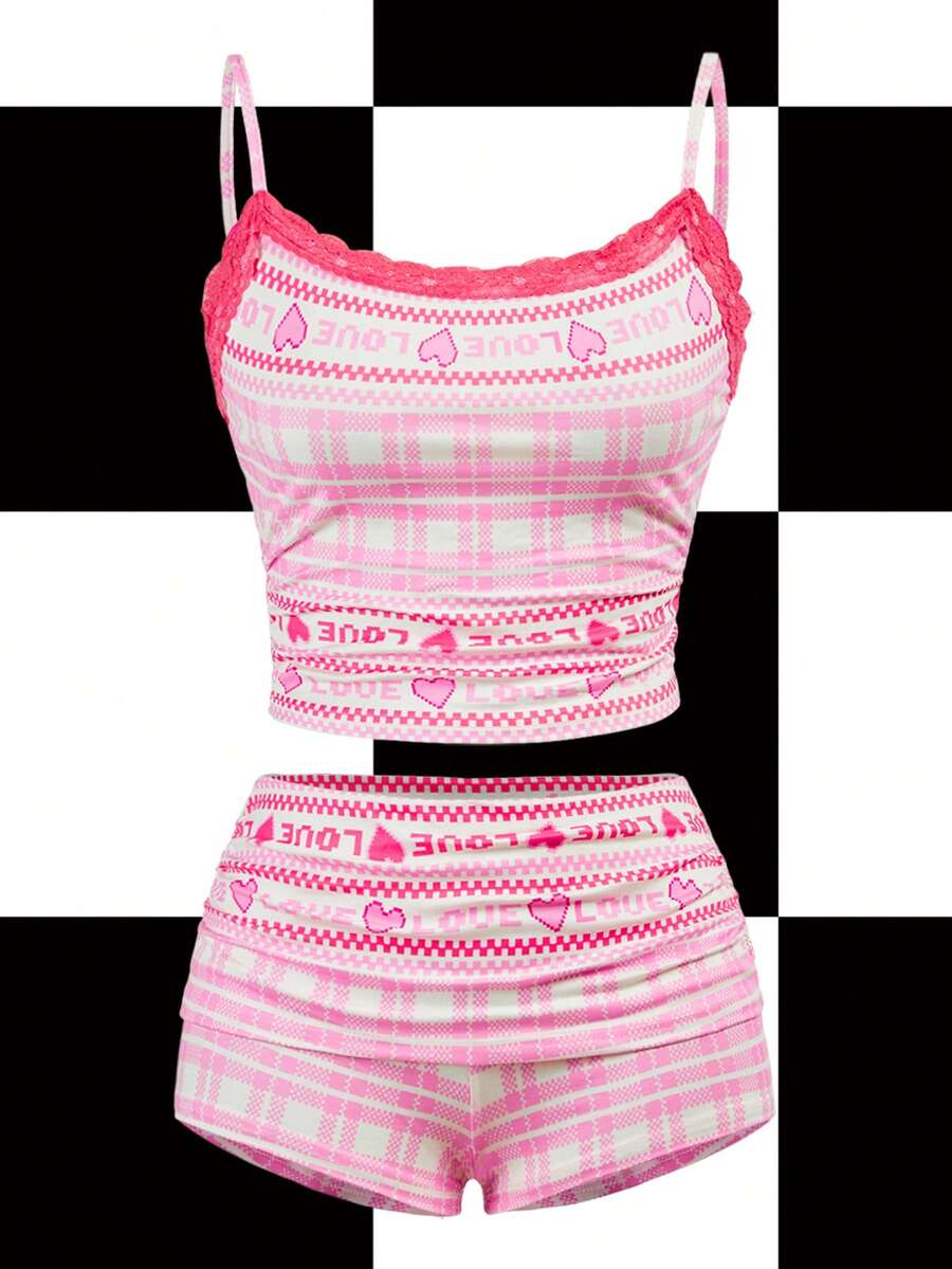 Y2Kool Maria Clara Maia 裸色与红色撞色圣诞星心形纸杯蛋糕拐杖糖饼干Y2K街头风蕾丝拼接两件套，适合秋冬居家聚会、节日、圣诞节、日常穿着 - 粉色 - 查看 1