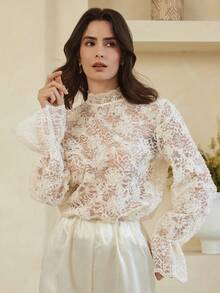 Dazy-Less Elegant Lace Women's Shirt, Waist Cinched Design, Casual For Commuting, Suitable For Spring, Summer, Valentine's Day, Wedding - White - View 7