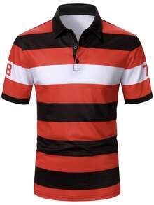 Manfinity Mode 男士休闲时尚街头日常通勤数字撞色条纹印花短袖Polo衫，夏季 - 彩色 - 查看 5