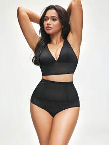 SHAPORA 1pc Women's Black Lace Bra, Semi-Sheer Deep V - Black - View 4